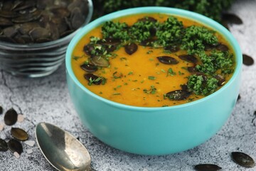 A bowl with home-made pumpkin soup