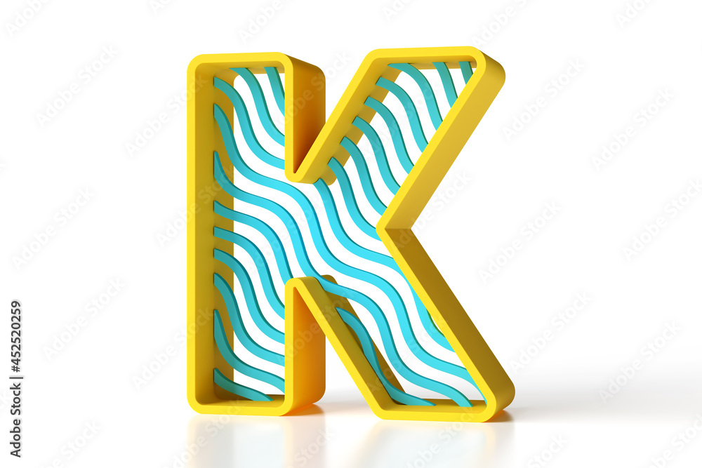 Poster letter k uppercase yellow and blue matte painted with a pattern made of wave lines. hi-res and reali