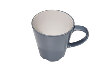 Ceramic mug with one gray handle on a white background