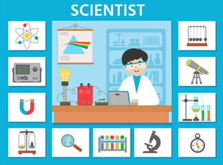 Vector character illustration of woman scientist doing scientific research. Game for preschool kids. Puzzle. Profession. Scientist and scientific equipment