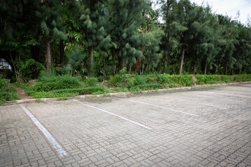 Obraz premium Outdoor public parking on days when there are no cars parked, with concrete blocks floor with a tree line behind