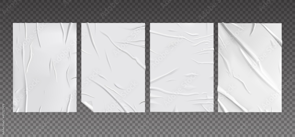 Poster realistic wet paper. wrinkled posters mockup glued to wall. urban folded billboard with crumpled eff