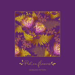 Luxurious trendy seamless pattern with exotic protea flowers and golden fern. Vector illustration. Suitable for the design of fabric, linen, shawls, packaging, albums, wallpaper, souvenirs.