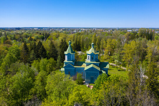 Old Wooden Church Painted with Blue Paint Aerial View