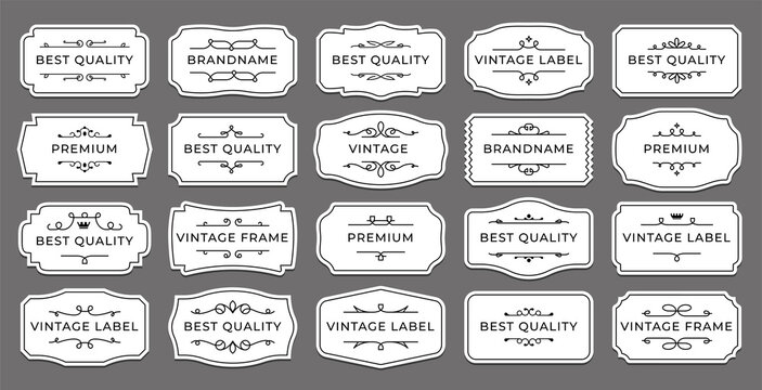 Vintage label. Decorative retro sticker with ornamental elements. Isolated minimalistic tags layout. Classic elegant borders mockup for branding. Vector wedding calligraphic emblems set