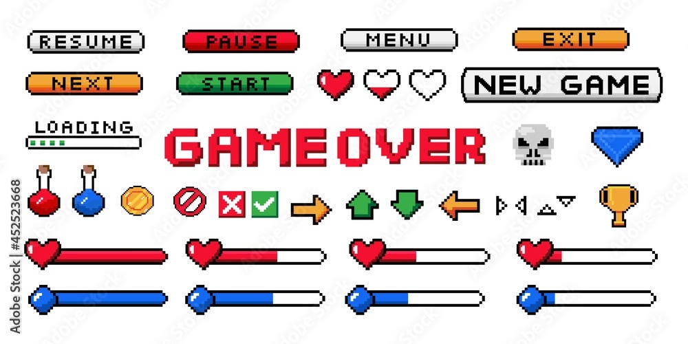 Aufkleber Pixel game UI. 8-bit interface buttons and arrows. Health and mana progress bar. Start or pause, resume and exit icons. Isolated menu sings collection. Vector screen navigation set