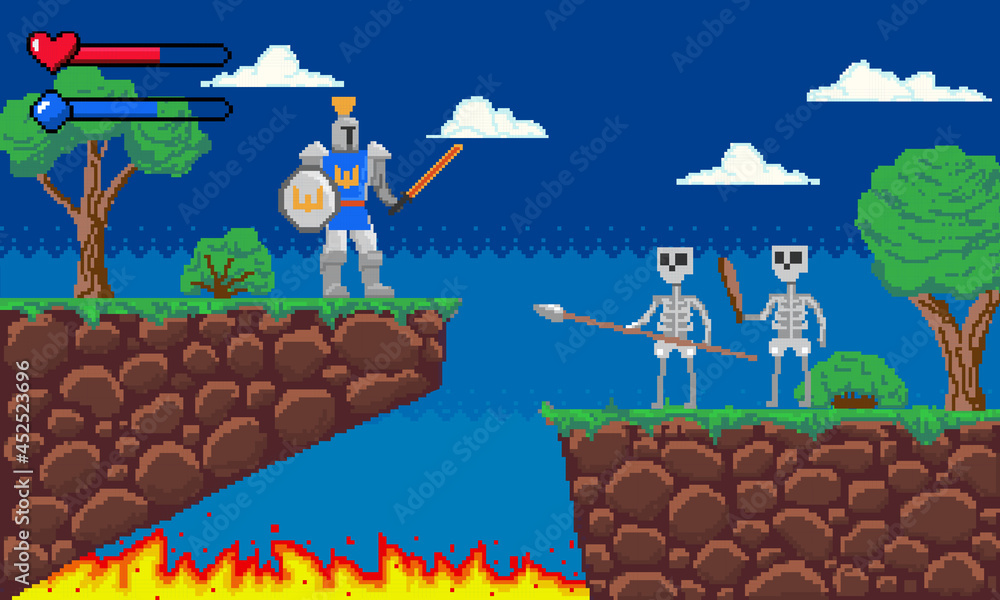 Poster Pixel game. Platform 8-bit video gaming screen with gameplay skeleton enemies and knight player. Arcade adventure interface template. Old computer entertainment. Vector illustration