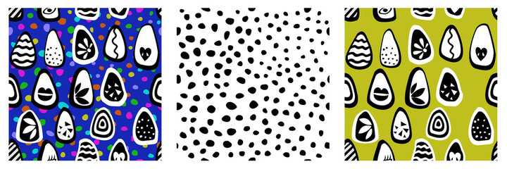 Vector abstract seamless pattern set with monochrome pears, ornamented differently, on colorful background with polka dots. Three square patterns.