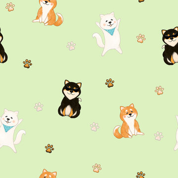 Shiba inu dog seamless pattern black, red, white and dog paw print. Cute dogs are sitting, having fun. Pattern for fabric, t-shirt, background.
