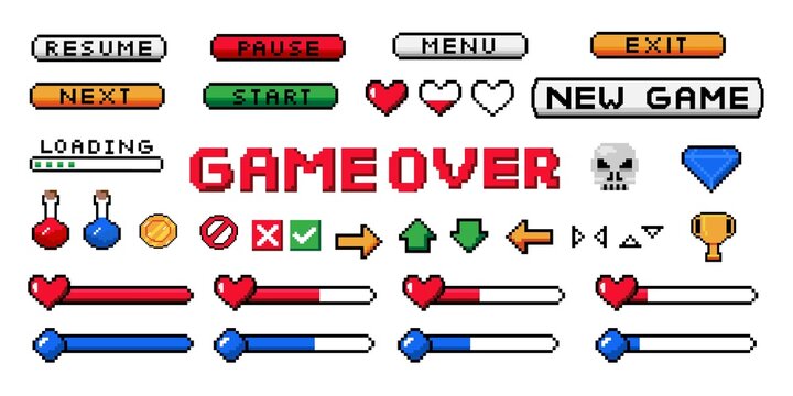 Pixel game UI. 8-bit interface buttons and arrows. Health and mana progress bar. Start or pause, resume and exit icons. Isolated menu sings collection. Vector screen navigation set