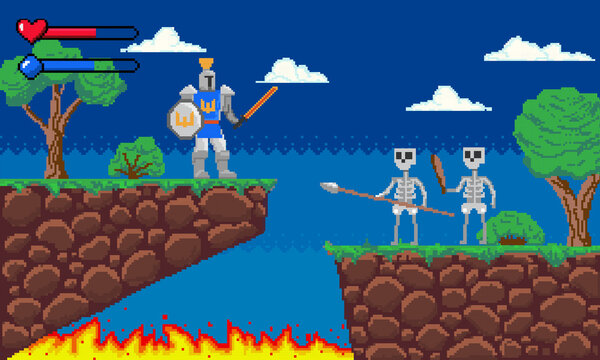 Pixel Game. Platform 8-bit Video Gaming Screen With Gameplay Skeleton Enemies And Knight Player. Arcade Adventure Interface Template. Old Computer Entertainment. Vector Illustration