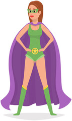 Superwoman stands and has superpowersto to defend planet. Cartoon character in superhero costume with purple cloak, mask and emblem stands on white background. Girl protects people from villains