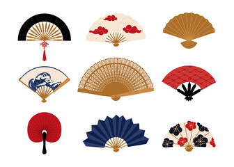 Fototapeta Paper fan. Chinese folding painted hand accessories. Japanese traditional vintage clothing decorative elements collection. Isolated Asian bright souvenirs. Vector oriental clothes set obraz