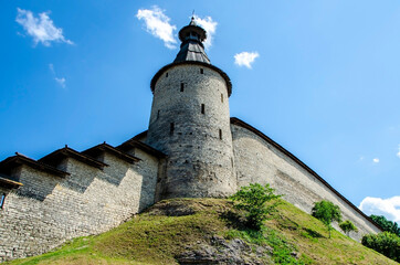 Fototapeta na wymiar Tower on the territory of the Pskov Kremlin, Pskov, Russia