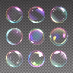 Realistic soap bubble. Detergent foam rainbow colored ball, laundry and shower color iridescent clear shampoo bubbles. Shiny washing circles. Vector isolated on transparent background set - obrazy, fototapety, plakaty