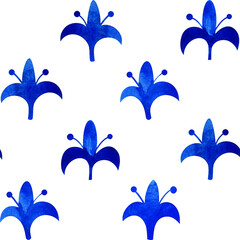 Fototapeta na wymiar Blue and white Delft watercolor floral seamless pattern, Dutch porcelain flowers motif, botanical hand drawn background