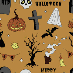 Halloween seamless pattern design with with a cross, pumpkin, cross, sogila, treeand black cat