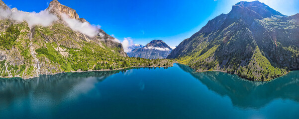 Fototapeta na wymiar Aerial view of Lac Lauvitel during the summer in the French Alps