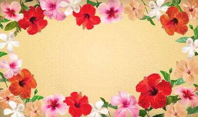 Vintage tropical flower frame, Hibiscus flowers and leave border or frame on yellow paper background.with copy space