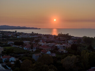 Acharavi beach sunset aerial view Corfu in Greece