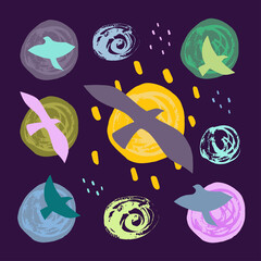 Hand drawn vector sketch birds, clouds and sun. Simple flat picture on color background.