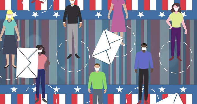 Multiple envelope icons falling over people wearing face masks against American flag