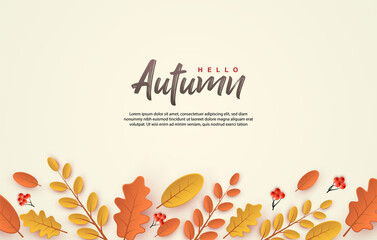 Hello autumn banner with scattered leaves