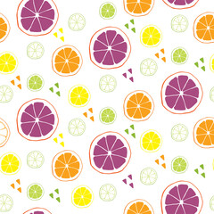Seamless pattern with slice of lime, lemon, orange and 
grapefruit. Design for cosmetics, spa, health care products and perfume. Best for textile, wrapping paper, packaging, farmers market.