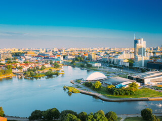 Minsk, Belarus. Cityscape of Minsk, Belarus. Summer season, sunset time. Nemiga district.