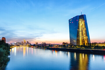 Frankfurt skyline with ECB European Central Bank Main river skyscraper in Germany