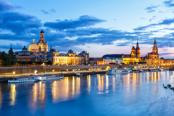 Dresden Frauenkirche church skyline Elbe old town panorama in Germany at night