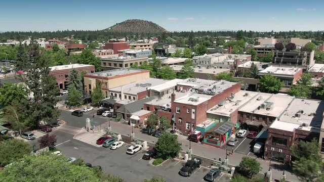 Aerial: Downtown Bend. In The Distance Is Pilot Butte, Oregon, USA