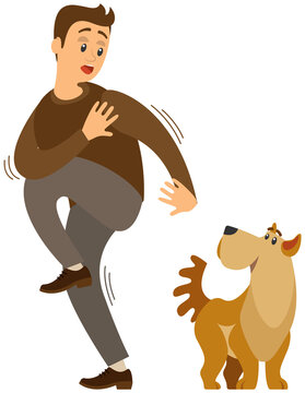 Man frightened by dog suffers from cynophobia, human fear concept. Person looking scared at dog is afraid of animal. Male character shaking, trembling with fear of dogs isolated on white background