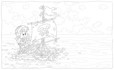Happy little boy playing pirate on a raft with a sail with Jolly Roger and a toy steering wheel on an exciting adventure journey on summer vacation, black and white vector cartoon illustration