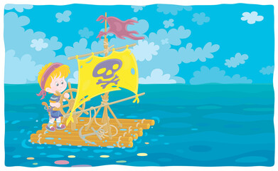 Obraz na płótnie Canvas Happy little boy playing pirate on a raft with a sail with Jolly Roger and a steering wheel on an exciting adventure journey on summer vacation, vector cartoon illustration