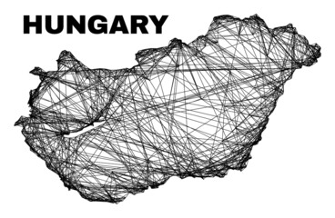Wire frame irregular mesh Hungary map. Abstract lines form Hungary map. Wire carcass flat net in vector format. Vector carcass is created for Hungary map using crossing random lines.