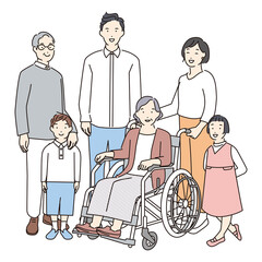 シンプル　イラスト　笑顔の家族と車椅子のおばあさん
