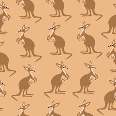 Cute brown kangaroo with little child and red hearts. Adorable animals character mom and baby. Australian marsupials hand drawn vector illustration. Childish seamless pattern.