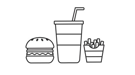 Burger, fries and soda vector illustration in simple line design. Fast food icon linear style, isolated on white background
