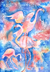 Pink flamingos on a blue background. watercolor painting in abstract style, print for poster, cover, greeting cards, textiles and other designs