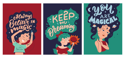 Obraz premium The set of cartoon girls with multicolored hairstyle . The collection woman's with magic quotes are good for girl and woman's designs, cards, posters, etc. Vector illustration