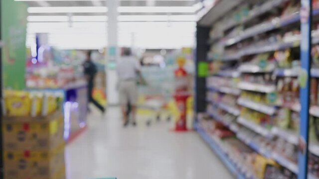 Blurred video in supermarket with many shelves. People come out to buy products during lockdown from spread of COVID19. Social distancing when using service in mall. new normal