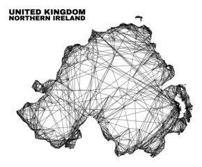 Wire frame irregular mesh Northern Ireland map. Abstract lines are combined into Northern Ireland map. Wire carcass 2D net in vector format.