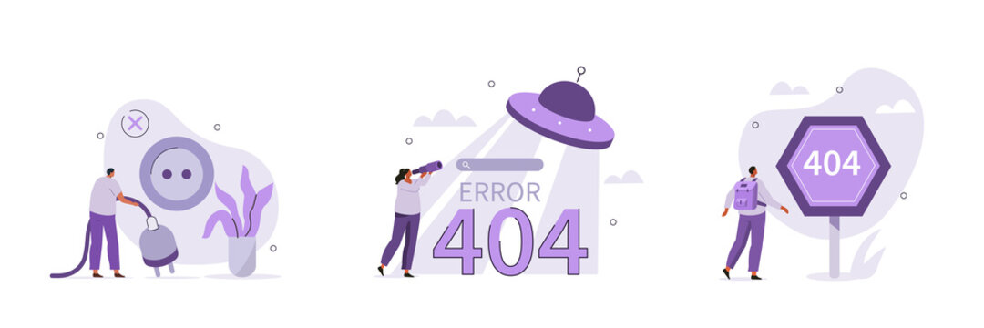 Page not found and 404 error set. Under constructions and system maintenance concept.  Characters working in software development industry. Flat cartoon vector illustration and icons set.