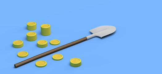 Coins with bitcoin symbol and shovel to mine bitcoin blockchain. Concept of mining cryptocurrencies. 3D illustration.  Copy space.
