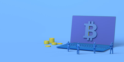 Computer with coins and bitcoin symbol with people watching. Concept of online financial investment in cryptocurrencies and monetary growth in the stock market. 3D illustration. Copy space.