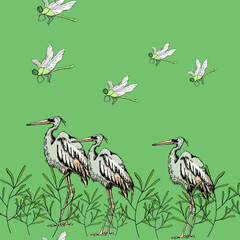 vector illustration seamless pattern,a large Stork and small dragonfly among the grass on a green background,a wonderful natural print,for Boho wallpaper and fabric