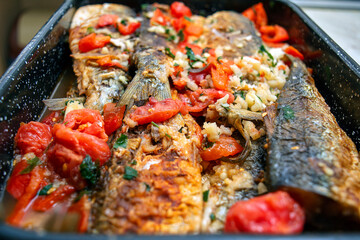Mackerel with tomatoes, garlic and spices on a red background