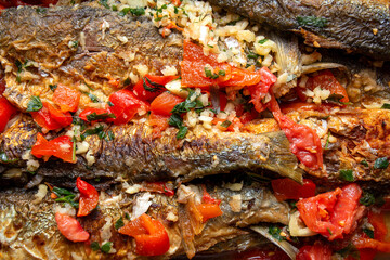 Fototapeta na wymiar Mackerel with tomatoes, garlic and spices on a red background