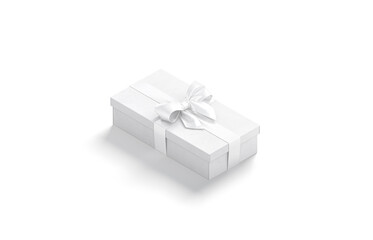 Blank white gift box with ribbon bow mockup, side view